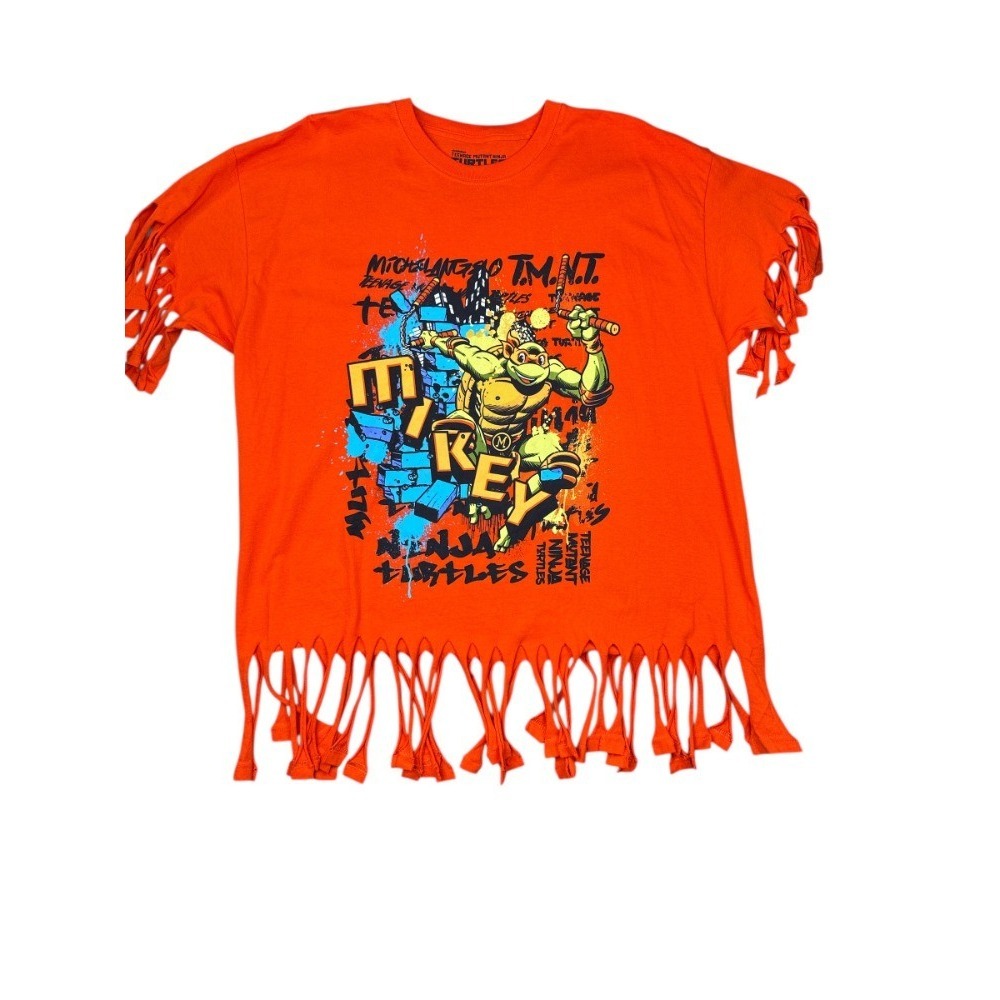 Nickelodeon TMNT Michelangelo Shirt Large L Orange Fringed Reworked Upcycled 90s